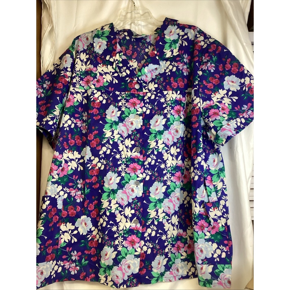 Anthony Richard's Blue Flowered Smock Top Size 4x Pearl Button Down With Pockets